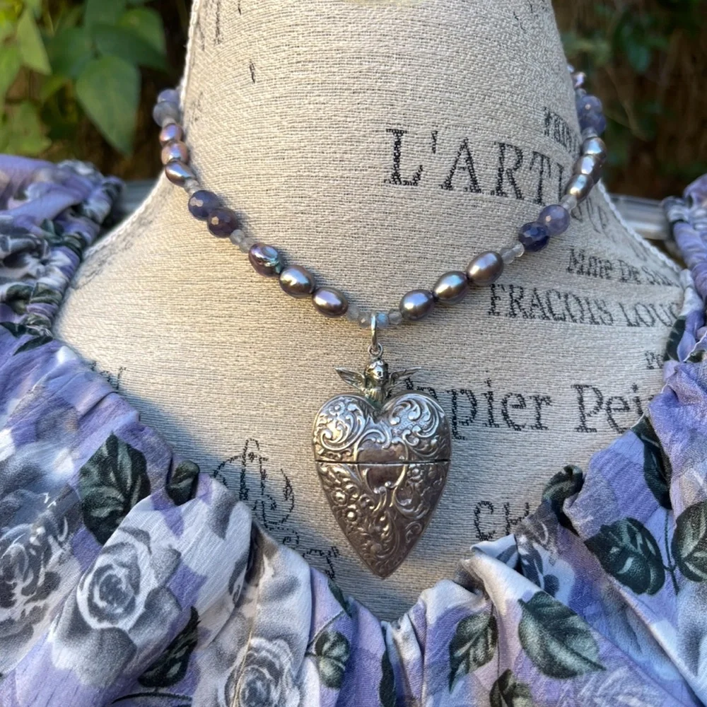 Artisan-Made OOAK Cupid Antique Hearts & Roses Iolite Pearl Labradorite Necklace